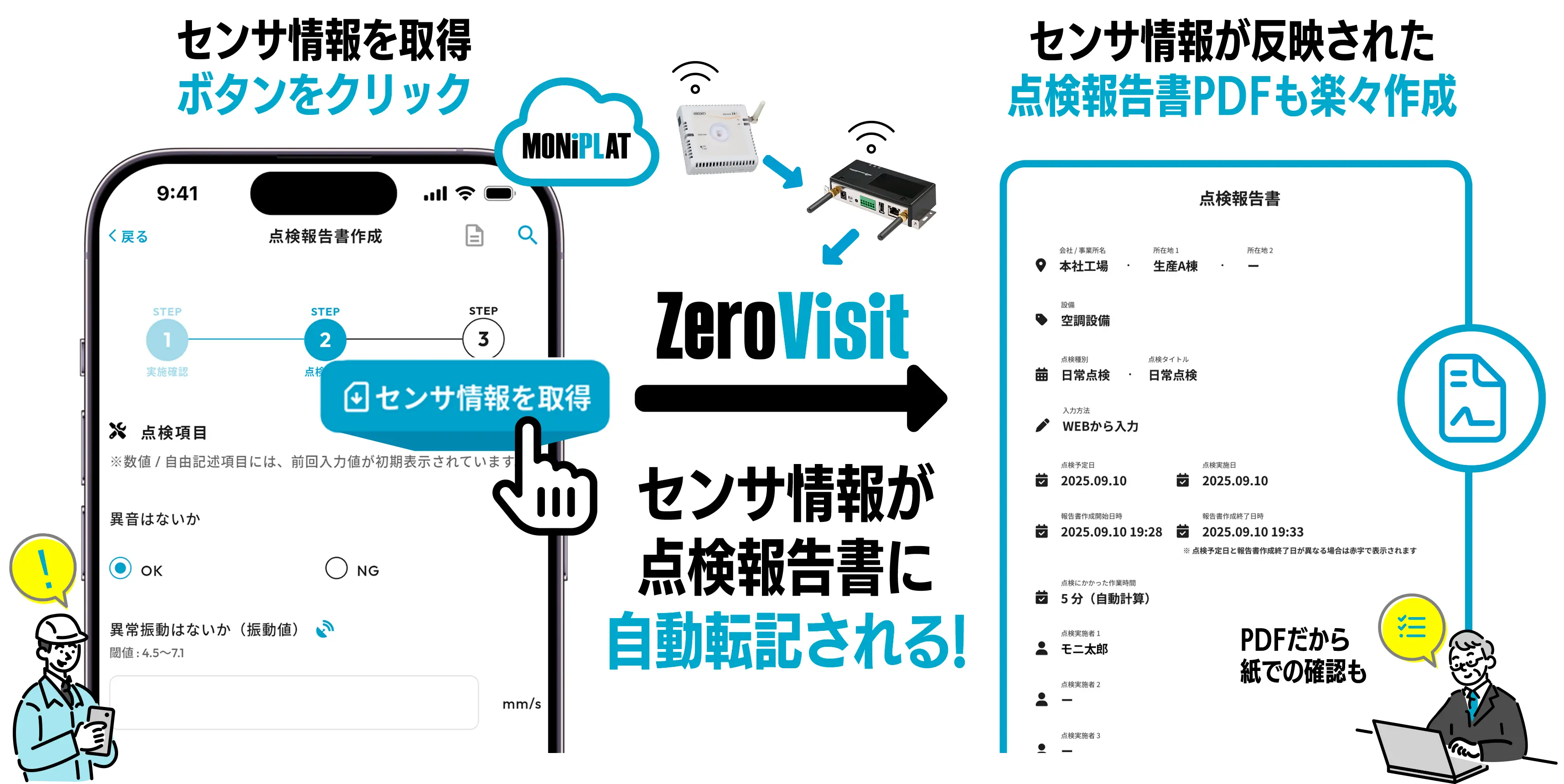 センサ情報が点検報告書に自動転記されるイメージ