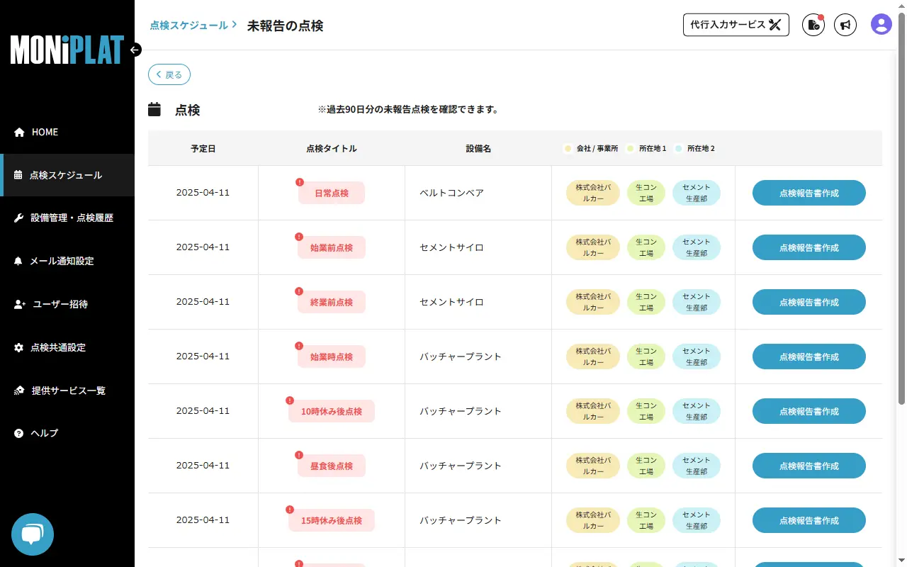 MONiPLAT モニプラット画面:未報告点検の強調表示