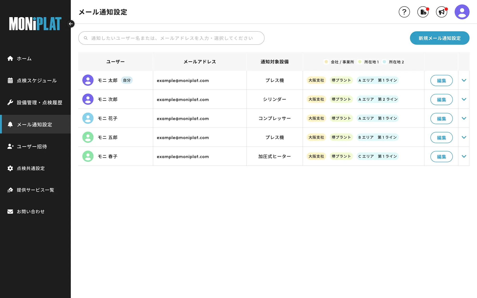 MONiPLAT モニプラット画面：定期保全スケジュール